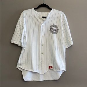 White/Blue Striped Button Down Baseball Tee